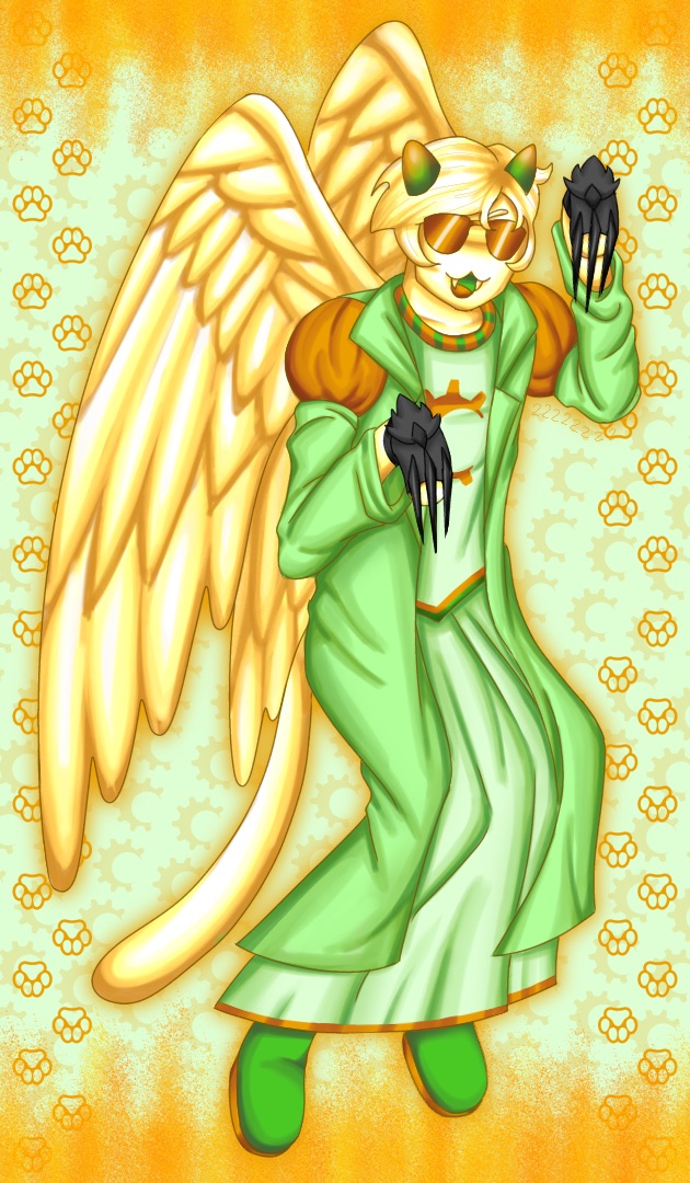 Digital art of Davepetasprite^2, who is flying and wielding claws resembling the crow that was originally prototyped with Dave’s kernelsprite.